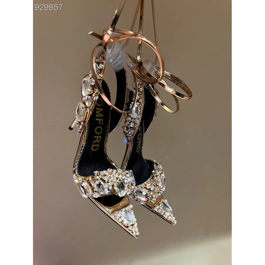 Tom Ford Metallic Crystal Ankelbånd Stiletthæl Sandaler 105 Mm Kalveskinn Vår/sommer 2022 Kolleksjon, Champagnemåke