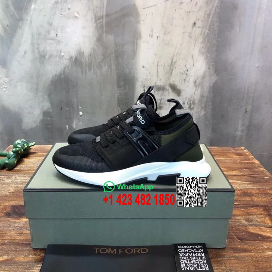 حذاء رياضي Tom Ford Jago Mesh Trainer للرجال من النايلون، مجموعة ربيع وصيف 2022، أسود/أخضر