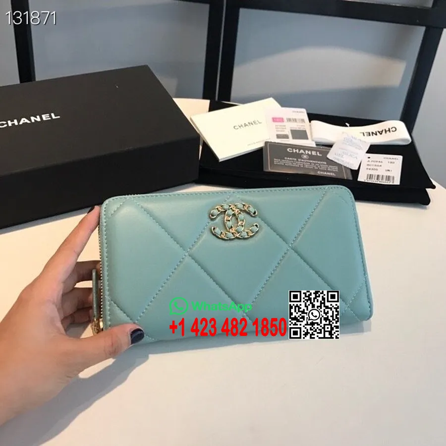 Chanel 19 Zippy Wallet Gold Hardware Lammleder Herbst/Winter 2020 Kollektion, Türkis