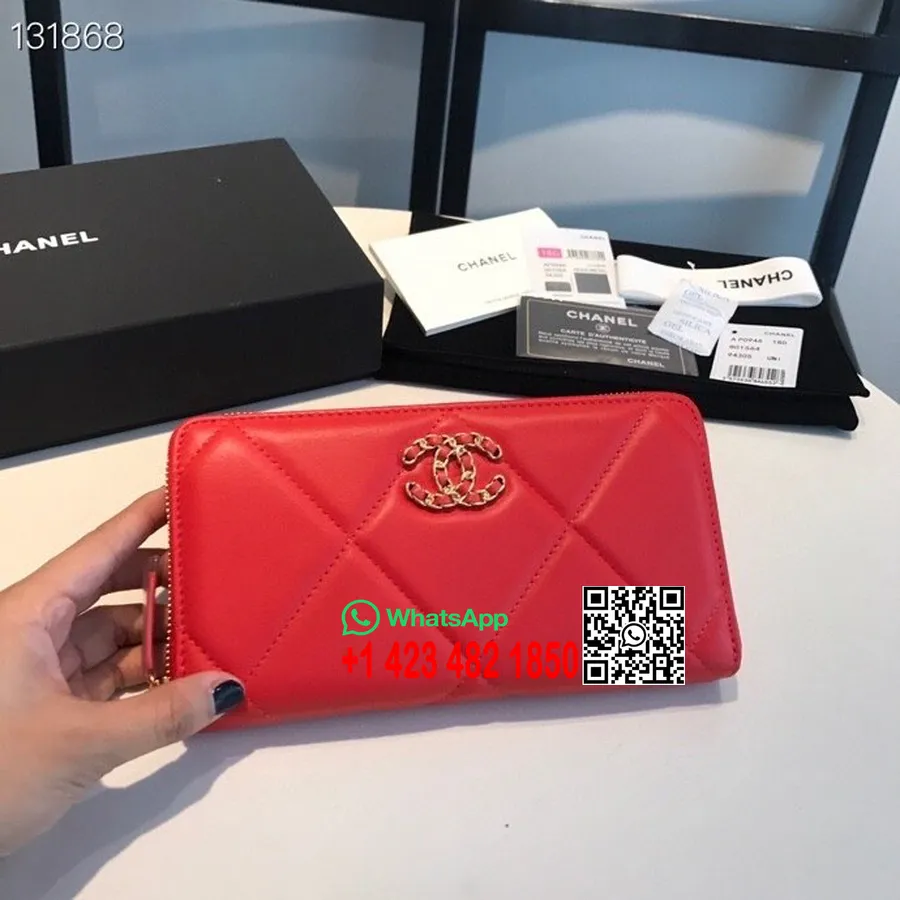 Chanel 19 Zippy Wallet Gold Hardware Lammleder Herbst/Winter 2020 Kollektion, Rot