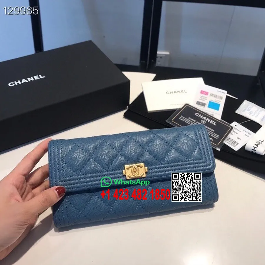 Chanel Leboy-Geldbörse, 19 Cm, Goldene Hardware, Kaviarleder, Herbst-/Winterkollektion 2020, Marineblau