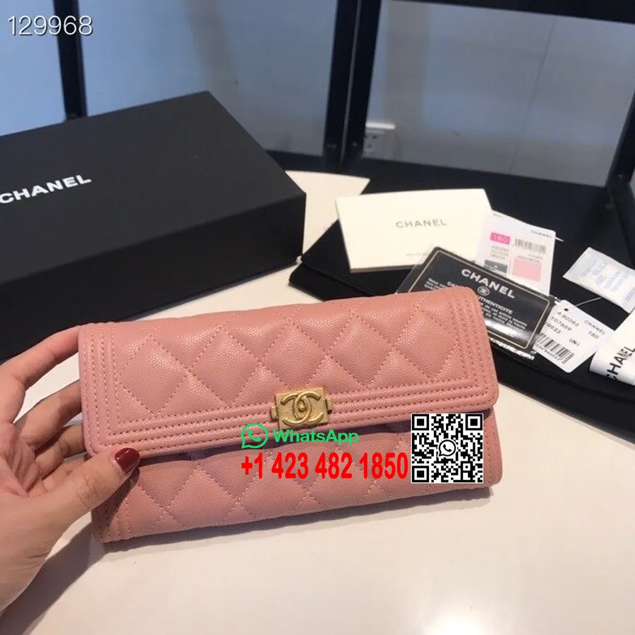 Portafoglio Chanel Leboy 19 Cm Hardware Dorato In Pelle Di Caviale Collezione Autunno/inverno 2020, Rosa Chiaro