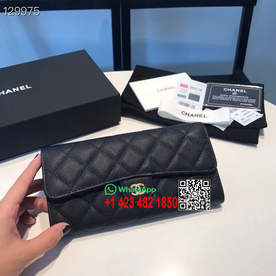 Chanel Pikk Rahakott 19cm Kullast Riistvarast Kaaviarnahast Sügis/talv 2020 Kollektsioon, Must