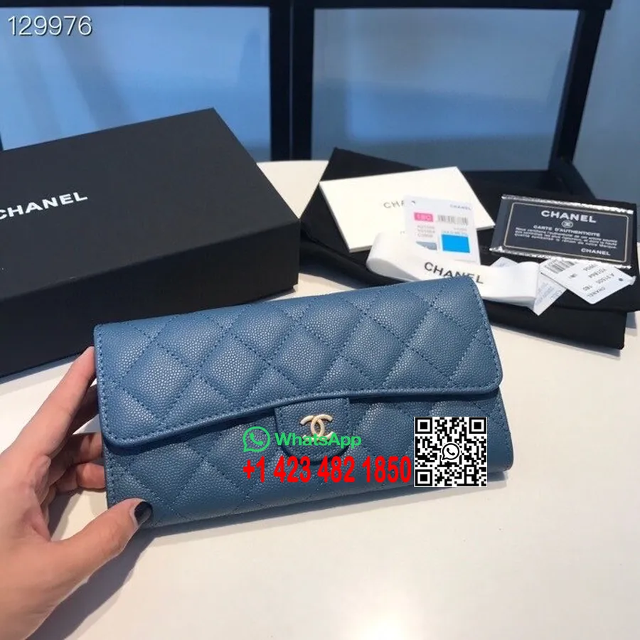 Chanel Pikk Rahakott 19cm Kullast Riistvarast Kaaviarnahast Sügis/talv 2020 Kollektsioon, Tumesinine