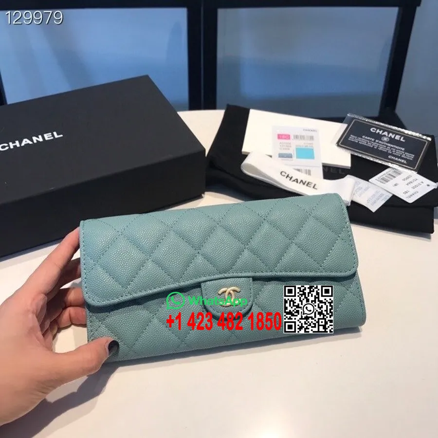 Portafoglio Lungo Chanel 19 Cm Hardware Dorato In Pelle Di Caviale Collezione Autunno/inverno 2020, Verde Mare