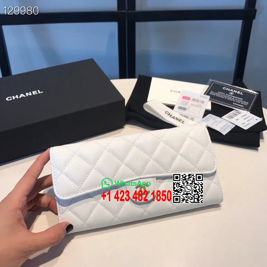 Chanel Pikk Rahakott 19cm Kullast Riistvarast Kaaviarnahast Sügis/talv 2020 Kollektsioon, Valge