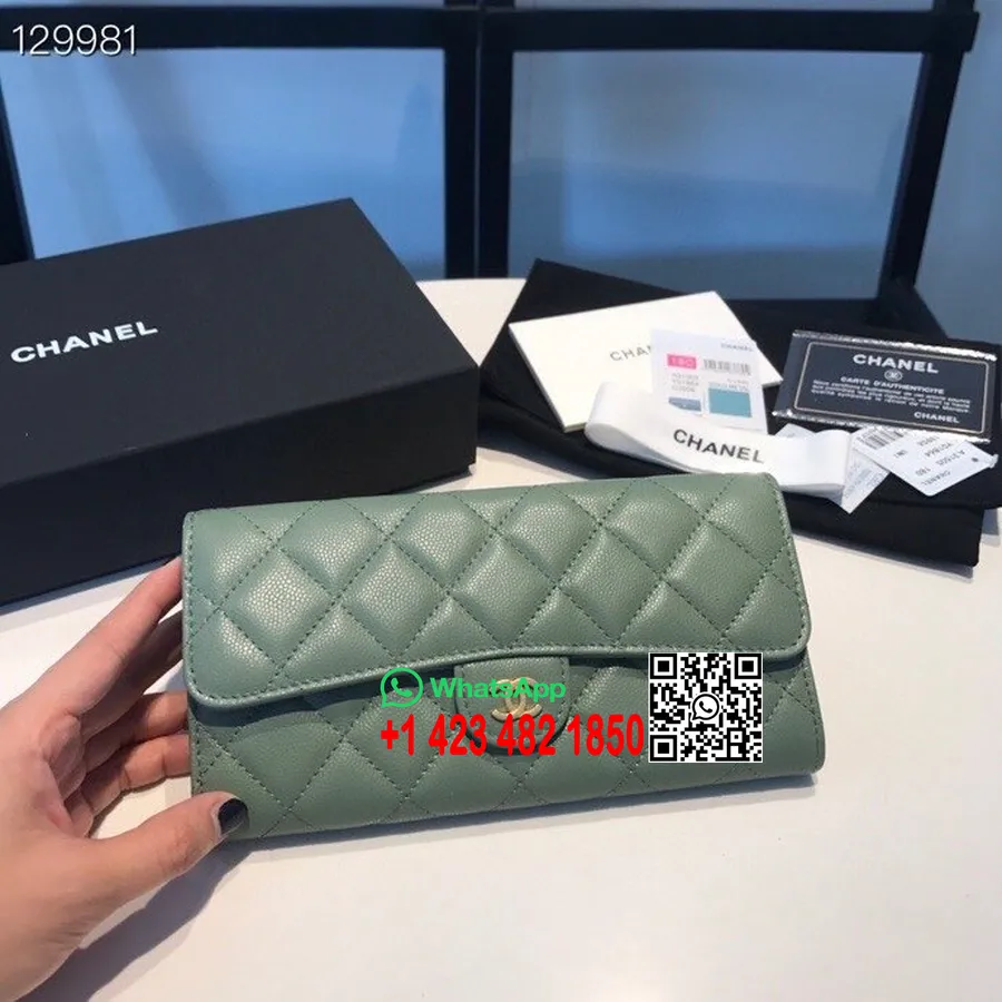 Portofel Lung Chanel 19 Cm Hardware Auriu Piele Caviar Colecția Toamnă/iarna 2020, Verde Armată