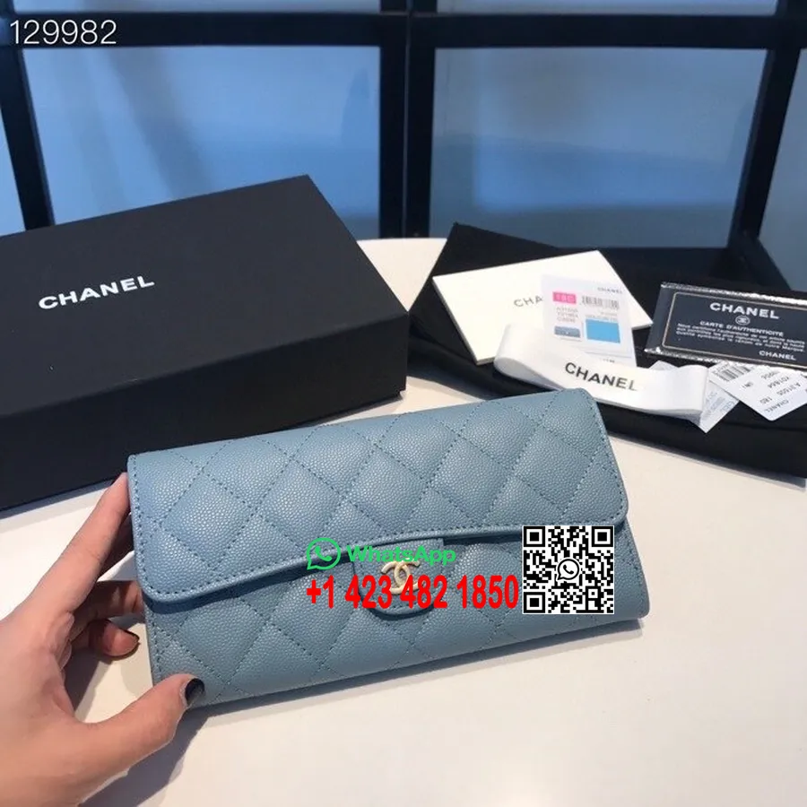 Chanel Pikk Rahakott 19cm Kullast Riistvarast Kaaviarnahast Sügis/talv 2020 Kollektsioon, Sinine