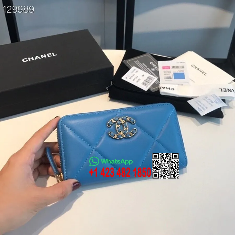 Chanel 19 Portemonnee Met 16 Cm Gouden Hardware Geitenleer Herfst/wintercollectie 2020, Groenblauw