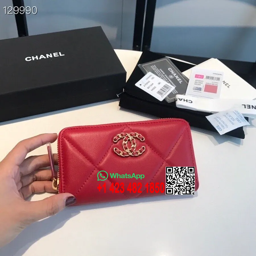 Chanel 19 Dompet Zippy 16cm Perangkat Keras Emas Kulit Kambing Koleksi Musim Gugur/dingin 2020, Merah Anggur