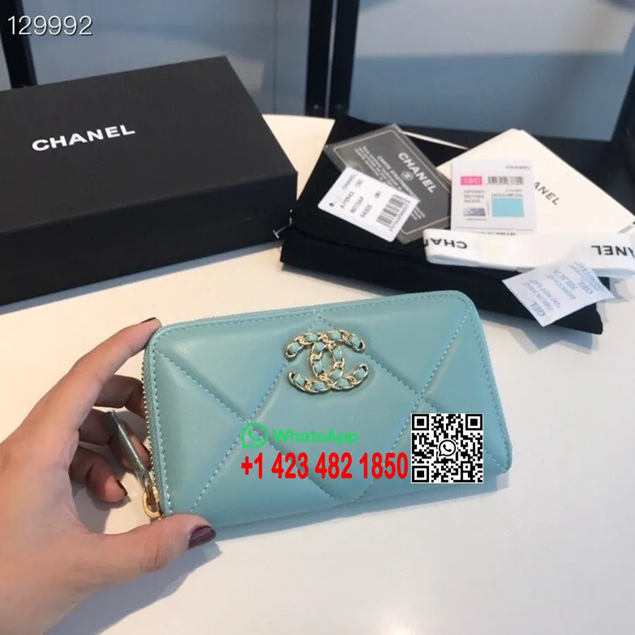 Chanel 19 Dompet Zippy 16cm Perangkat Keras Emas Kulit Kambing Koleksi Musim Gugur/dingin 2020, Pirus