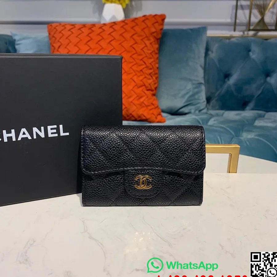 Carteira Porta-cartões Compacta Chanel 12cm Couro Caviar Hardware Dourado Coleção Outono / Inverno 2019 Ato 1, Preto