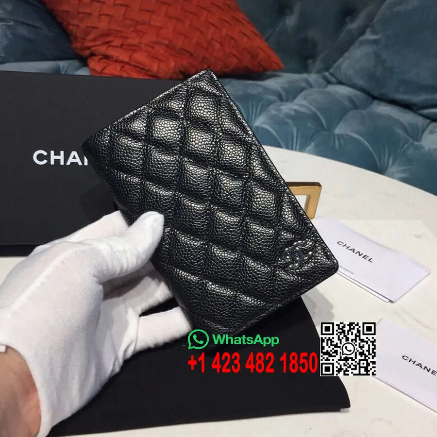 Peňaženka Chanel Card 15cm Kaviár Kožený Strieborný Hardvér Kolekcia Jar/leto 2019, čierna