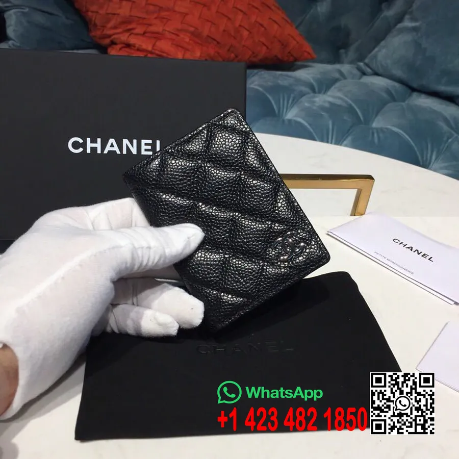 Chanel-Kartenetui, 10 Cm, Kaviarleder, Silberne Hardware, Frühjahr/Sommer 2019 Akt 1-Kollektion, Schwarz