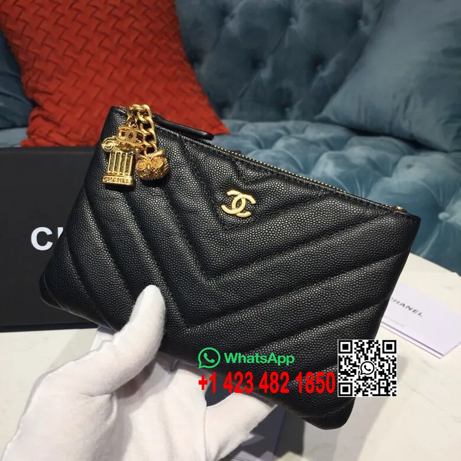 Chanel Chevron Zippy Vrecúško Peňaženka Na Mince 18 Cm Kaviár Kožený Zlatý Hardvér Kolekcia Jar/leto 2019, čierna