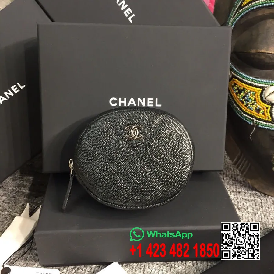 Chanel Okrúhla Klasická Peňaženka Na Mince 10 Cm Kaviár Kožený Strieborný Hardvér Kolekcia Jar/leto 2019, čierna