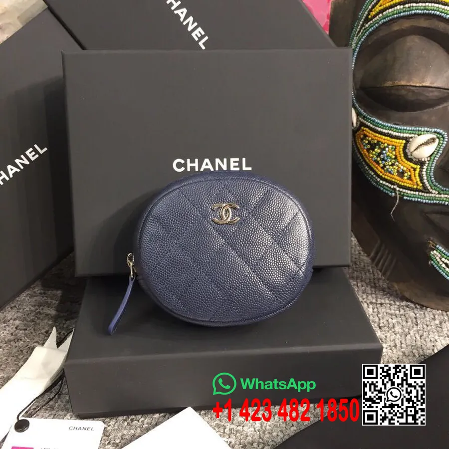 Monedero Clásico Redondo Chanel 10 Cm Cuero Caviar Herrajes Plateados Colección Primavera/verano 2019 Acto 2, Azul Marino