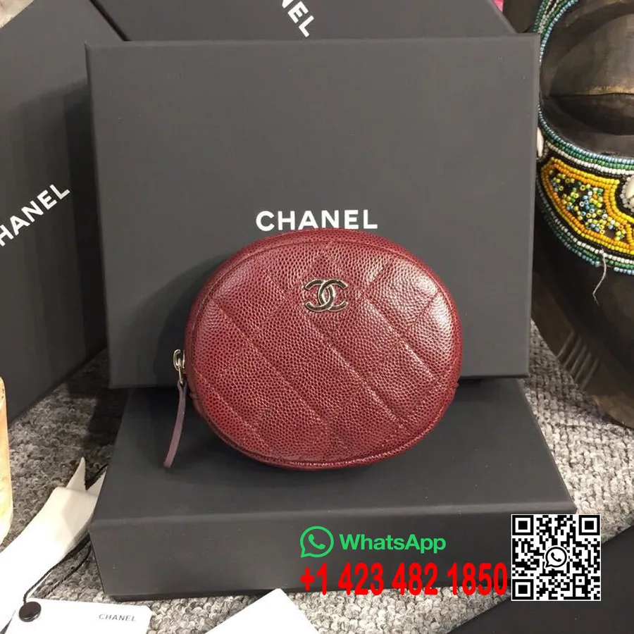 Runde Klassische Chanel-Geldbörse, 10 Cm, Kaviarleder, Silberne Hardware, Frühjahr/Sommer 2019 Akt 2-Kollektion, Burgunderrot