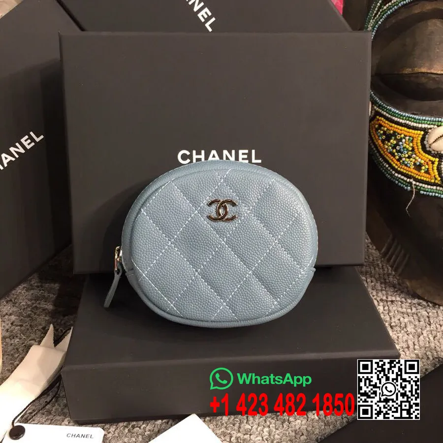 Chanel Okrúhla Klasická Peňaženka Na Mince 10 Cm Kaviár Kožený Strieborný Hardvér Kolekcia Jar/leto 2019, Baby Blue