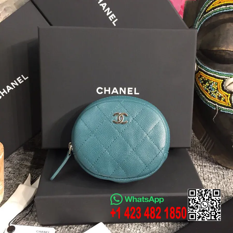 Классический круглый кошелек для монет Chanel, 10 см, икра, кожа, серебристая фурнитура, коллекция весна/лето 2019 Act 2, морско