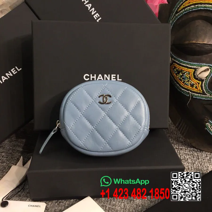 Portamonete Classico Rotondo Chanel 10 Cm In Pelle Di Agnello Hardware Argento Collezione Primavera/estate 2019 Atto 2, Blu Tenu