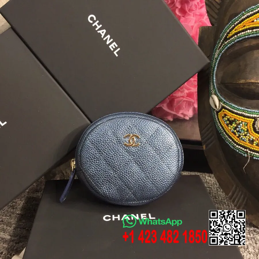 Chanel Okrúhla Klasická Peňaženka Na Mince 10 Cm Kaviár Kožený Zlatý Hardvér Kolekcia Jar/leto 2019, Polnočná Modrá