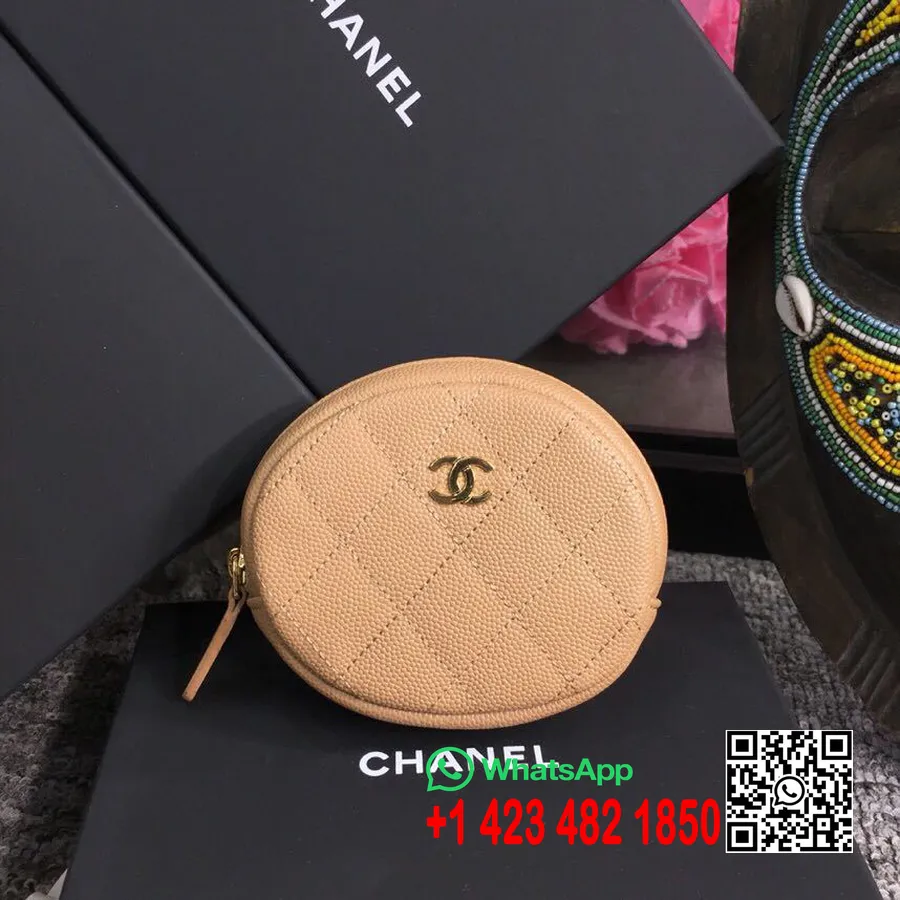 Runde Klassische Chanel-Geldbörse, 10 Cm, Kaviarleder, Goldene Hardware, Frühjahr/Sommer 2019 Akt 2-Kollektion, Beige