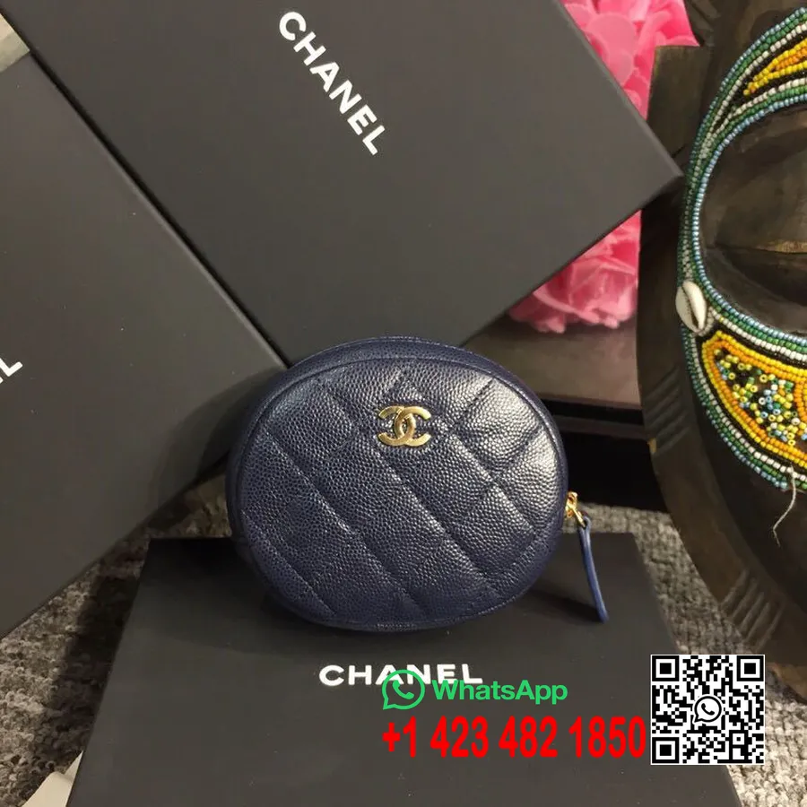 Portamonete Classico Rotondo Chanel 10 Cm In Pelle Di Caviale Hardware Dorato Collezione Primavera/estate 2019 Atto 2, Blu Navy