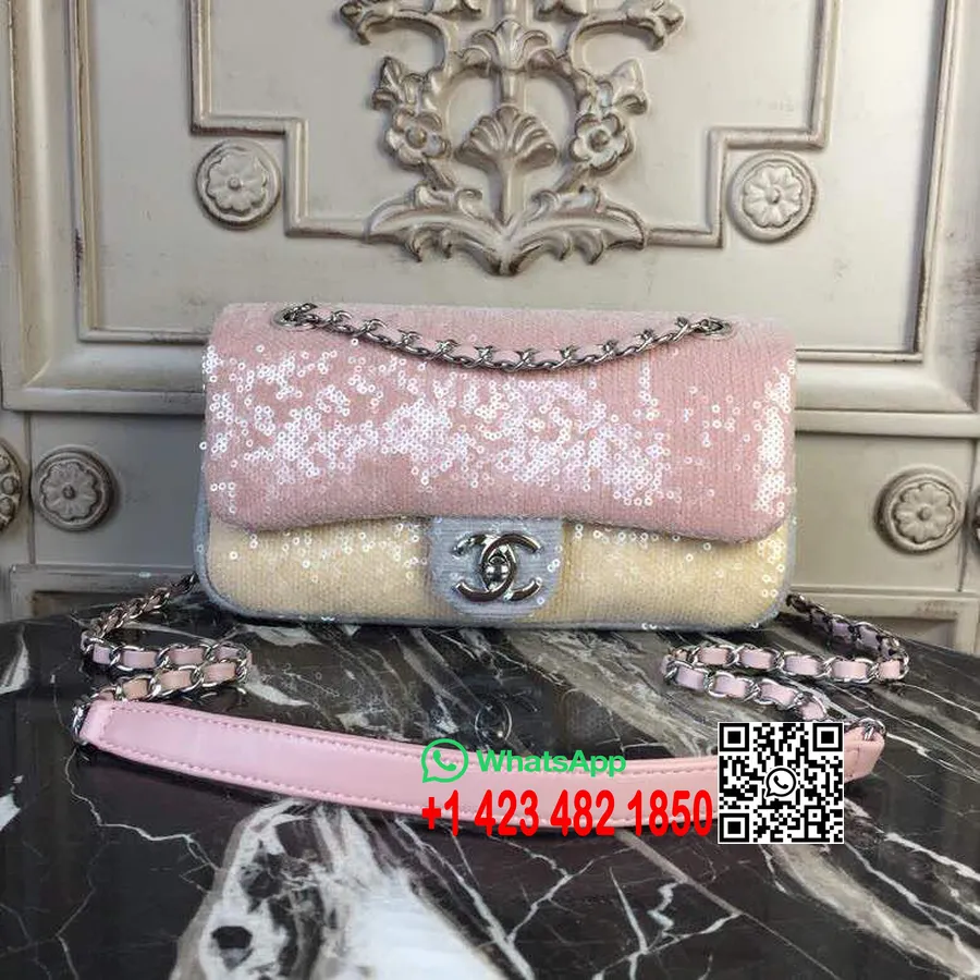 Bolso Con Solapa De Lentejuelas Chanel 22 Cm Herrajes Plateados Piel De Cordero Primavera / Verano Colección Acto 2 2018 Rosa / 