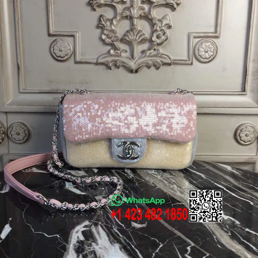 Chanel Pailletten-Klappentasche, 20 Cm, Silberne Hardware, Lammleder, Frühjahr/Sommer, Akt 2, Kollektion 2018, Rosa/Beige/Grau