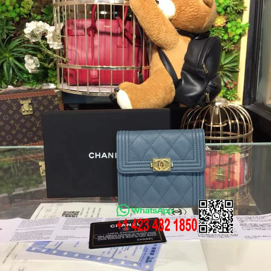 Chanel Carteira Tri-fold Le Boy Ouro Hardware Caviar Couro Primavera/verão Ato 1 Coleção 2018 Azul