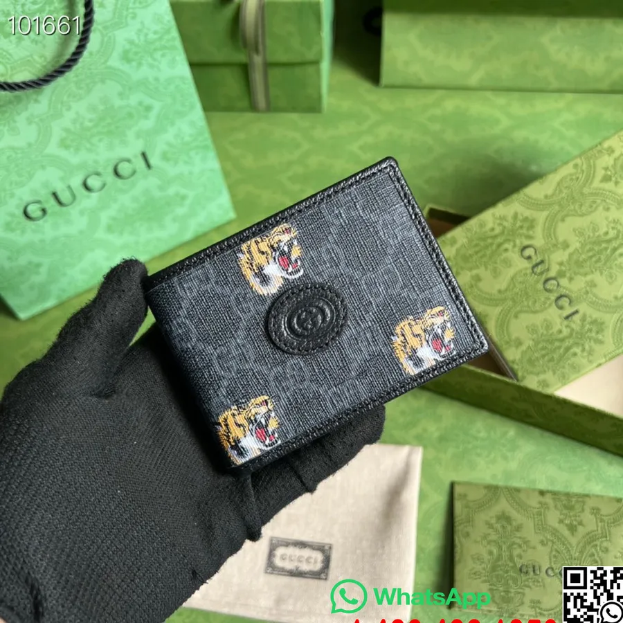 Gucci Portafoglio Bi-fold Gg Tigre 10cm 428726 Pelle Di Vitello Liscia Collezione Primavera/estate 2022, Nero