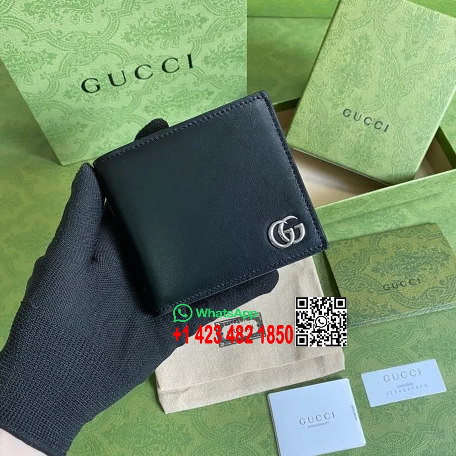 Gucci Gg Marmont Bi-fold Maciņš 10cm 428726 Gluda Teļa āda Pavasara/vasaras 2022 Kolekcija, Melna