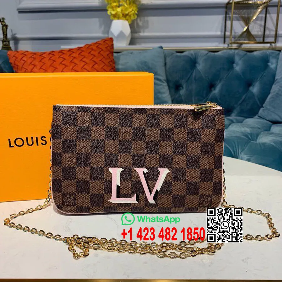 Louis Vuitton Pochette Kaksinkertainen Vetoketjullinen Lompakko 20cm Damier Ebene Canvas Kevät/kesä 2019 Kokoelma N60254, Ruusu 