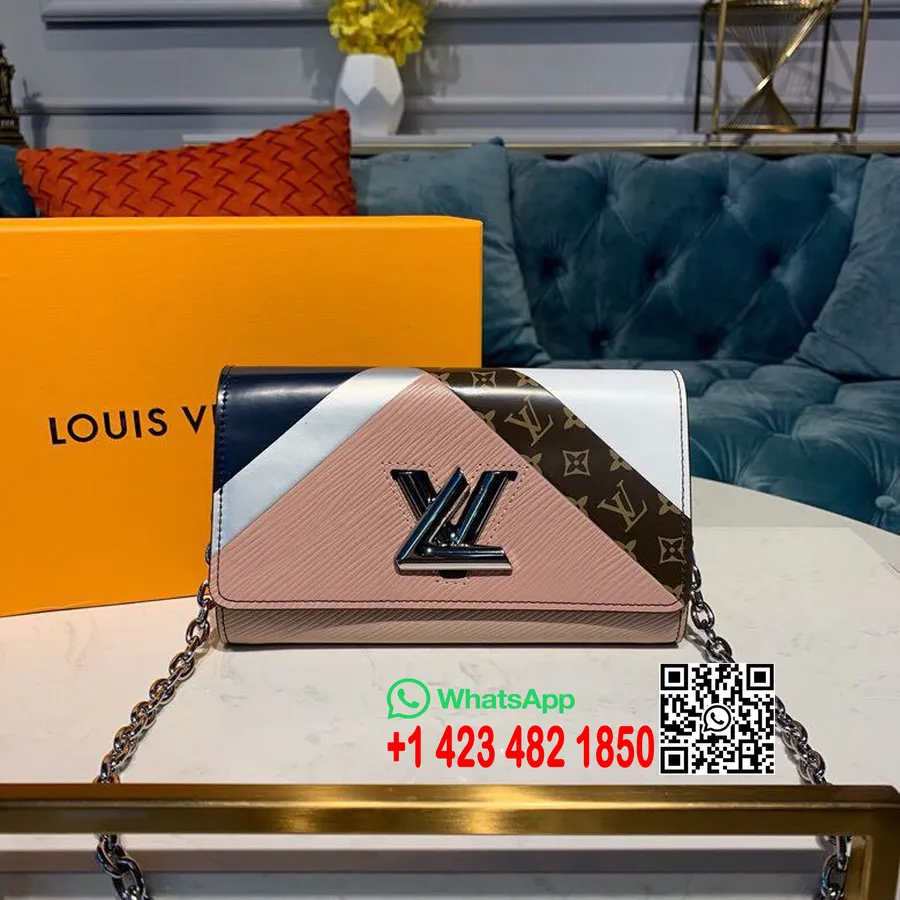 Louis Vuitton Twist Chain Tegnebog 20 Cm Monogram Tape Lærred Forår/sommer 2019 Kollektion M67798, Pink/hvid/marineblå