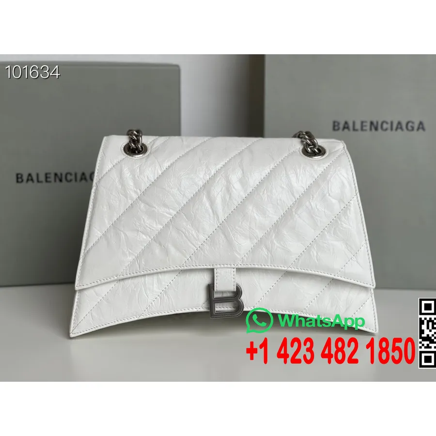 Balenciaga Crush Lančana Torba 25 Cm Prošivena Mrvljena Teleća Koža Srebrna Mat Oprema Kolekcija Jesen/zima 2022., Bijela