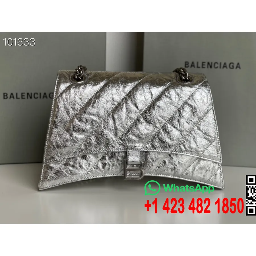 Balenciaga Crush Lančana Torba 25 Cm Prošivena Mrvljena Teleća Koža Srebrna Mat Oprema Kolekcija Jesen/zima 2022., Srebrna