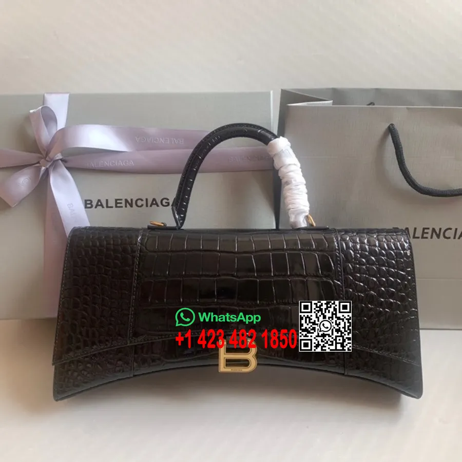 Balenciaga Hourglass East West Bag 35cm Croc Stamp Calfskin Leather Spring/Summer 2022 Collection,  Black