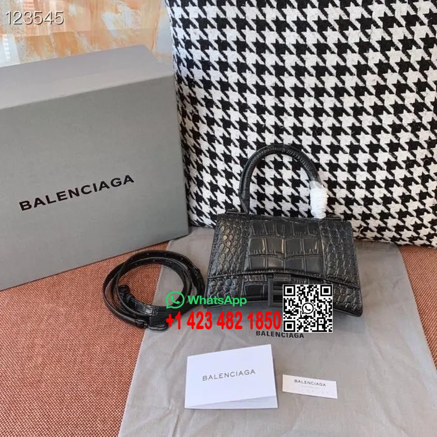 Balenciaga Kum Saati çanta 20 Cm Timsah Damgası Dana Deri Mat Donanım Sonbahar/kış 2020 Koleksiyonu, Siyah