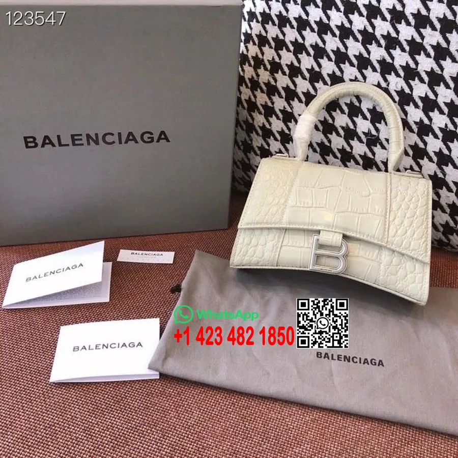 Balenciaga Kum Saati çanta 24 Cm Timsah Damgası Dana Deri Eskitilmiş Gümüş Donanım Sonbahar/kış 2020 Koleksiyonu, Beyaz