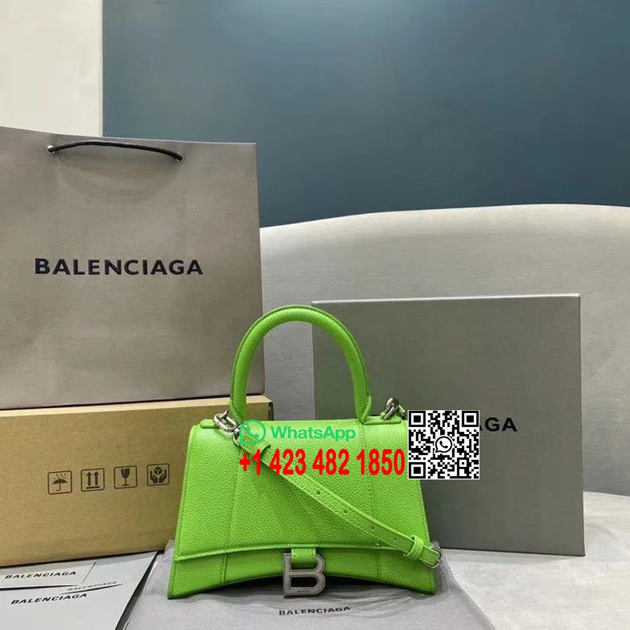 Balenciaga Kum Saati çanta 24cm Damarlı Dana Derisi Eskitilmiş Gümüş Donanım İlkbahar/Yaz 2020 Koleksiyonu, Elma Yeşili