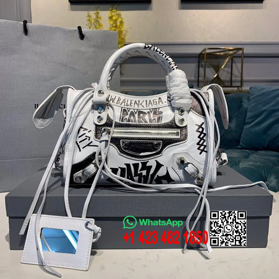 Balenciaga Graffiti Klassisk Byveske 24 Cm Ruthenium Hardware Lammeskinn Vår/sommer 2020-kolleksjon, Hvit/svart