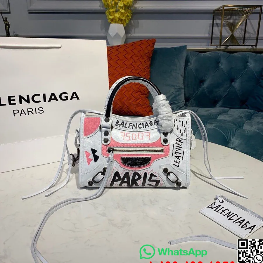 Balenciaga Graffiti Classic City Bag 24cm Ruthenium Hardware Lambskin Leather Spring/Summer 2019 Collection, White/Black/Pink