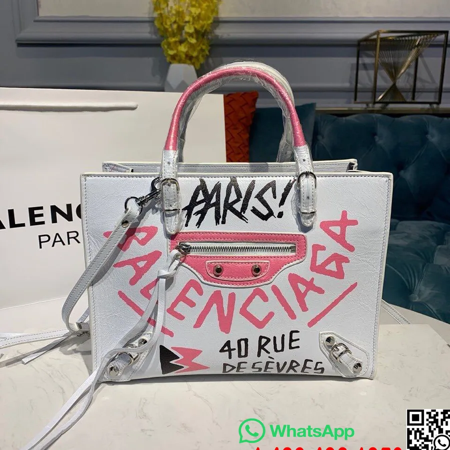 Balenciaga Graffiti Classic City Bag 26cm Silver Hardware Lambskin Leather Spring/Summer 2019 Collection, White/Pink