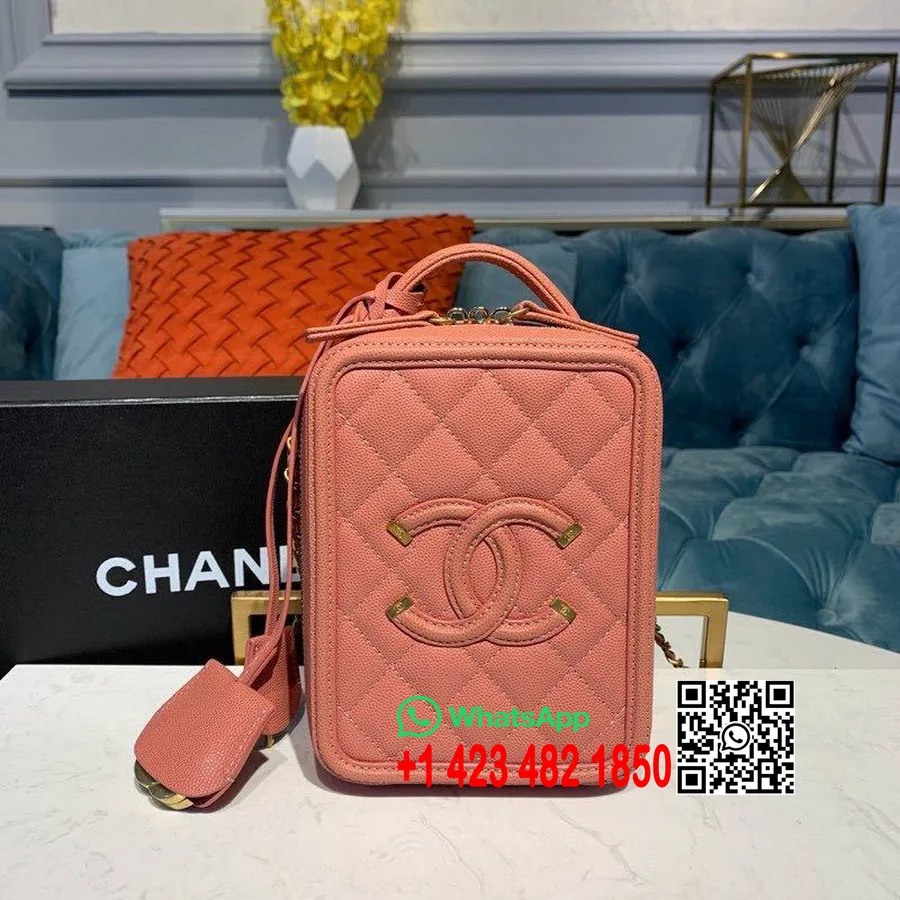 Borsa Da Trucco Verticale Chanel Cc In Filigrana 18 Cm Hardware Collezione Dorato Crociera In Pelle Di Caviale 2019, Rosa