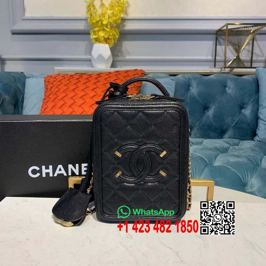 Chanel Cc φιλιγκράν κάθετη τσάντα νεσεσέρ 18cm χρυσό υλικό χαβιάρι δέρμα κρουαζέ συλλογή 2019, μαύρο