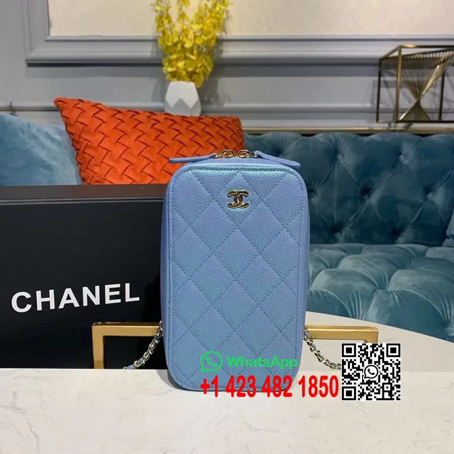 Chanel Cc κάθετη τσάντα νεσεσέρ 18cm χρυσό υλικό χαβιάρι δέρμα κρουαζέ συλλογή 2019, γαλάζιο