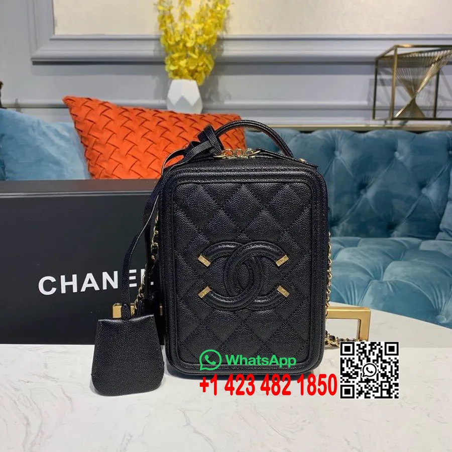 Chanel Cc φιλιγκράν κάθετη τσάντα νεσεσέρ 18cm χρυσό υλικό χαβιάρι δέρμα κρουαζέ 2019 συλλογή, μαύρο