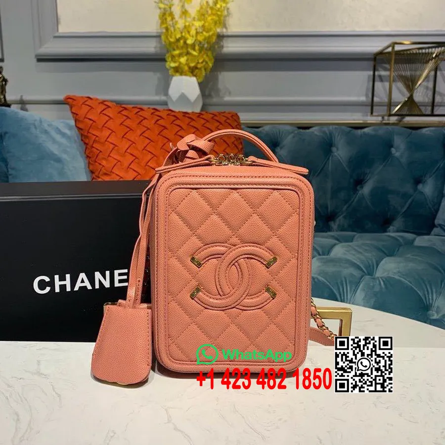 Chanel Cc φιλιγκράν κάθετη τσάντα νεσεσέρ 18cm χρυσό υλικό χαβιάρι δέρμα κρουαζέ 2019, ροζ ροζ