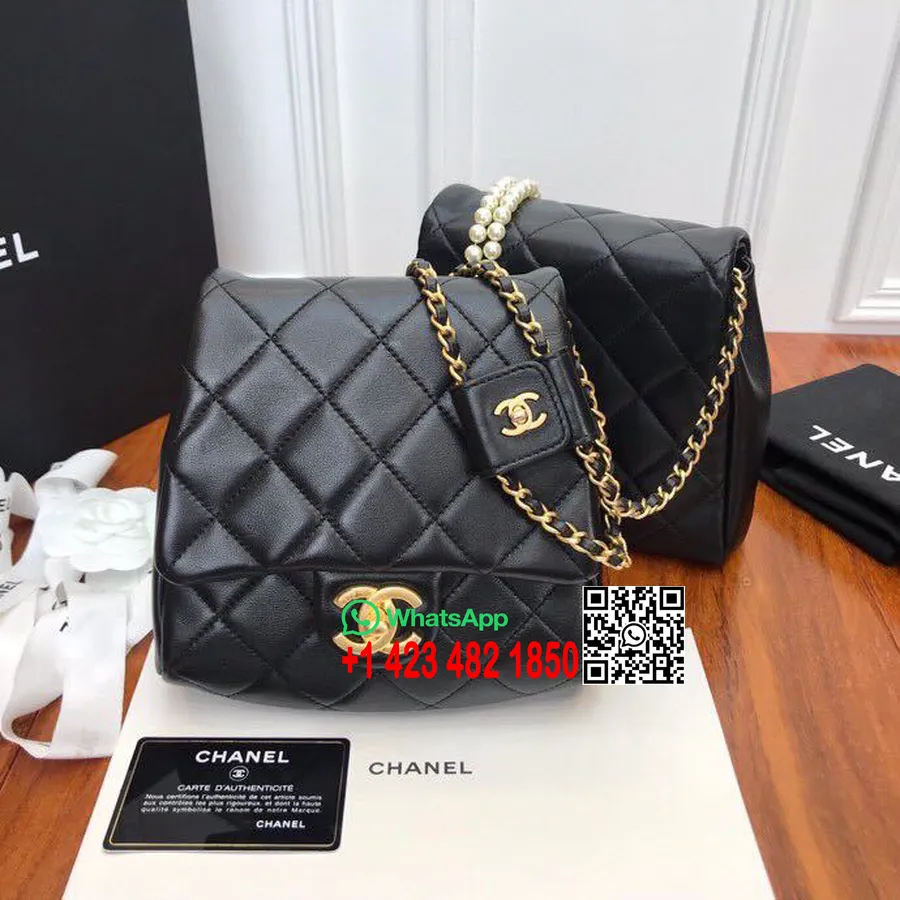 Chanel Side Pack with Imitation Pearls Bags 20cm Lambskin Leather Gold Hardware Spring/Summer 2019 Act 2 Collection,  Black